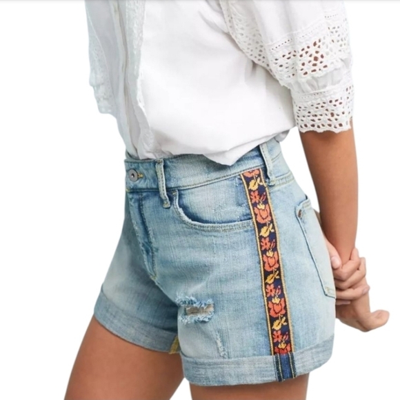 Pilcro and the Letterpress Pants - Pilcro Boyfriend Jean Short  Distressed Denim Ribbon Trim Anthropologie sz 26